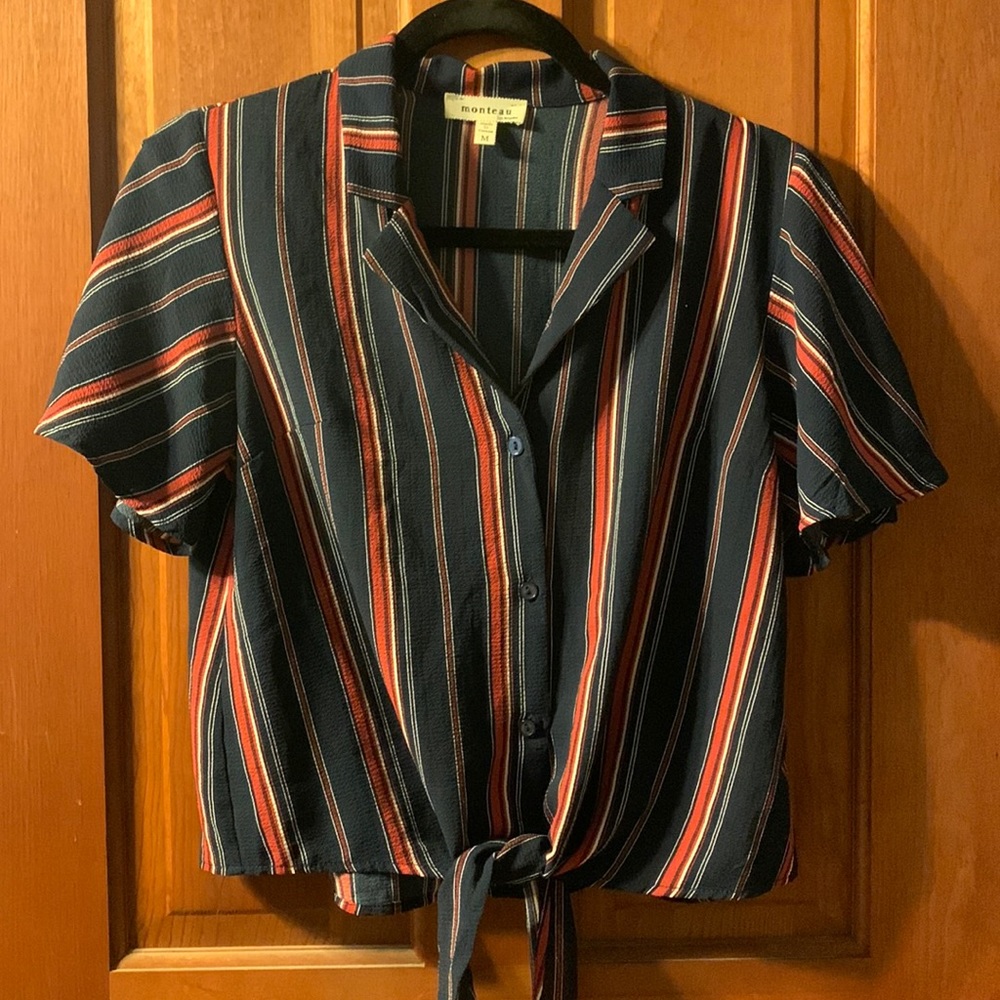 Blue and red striped cap sleeve tie front button front top with v-neck